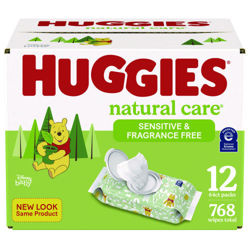 Huggies Natural Care Sensitive Baby Wipes, Unscented, White, 64/Pack, 12 Packs/Carton (51079)