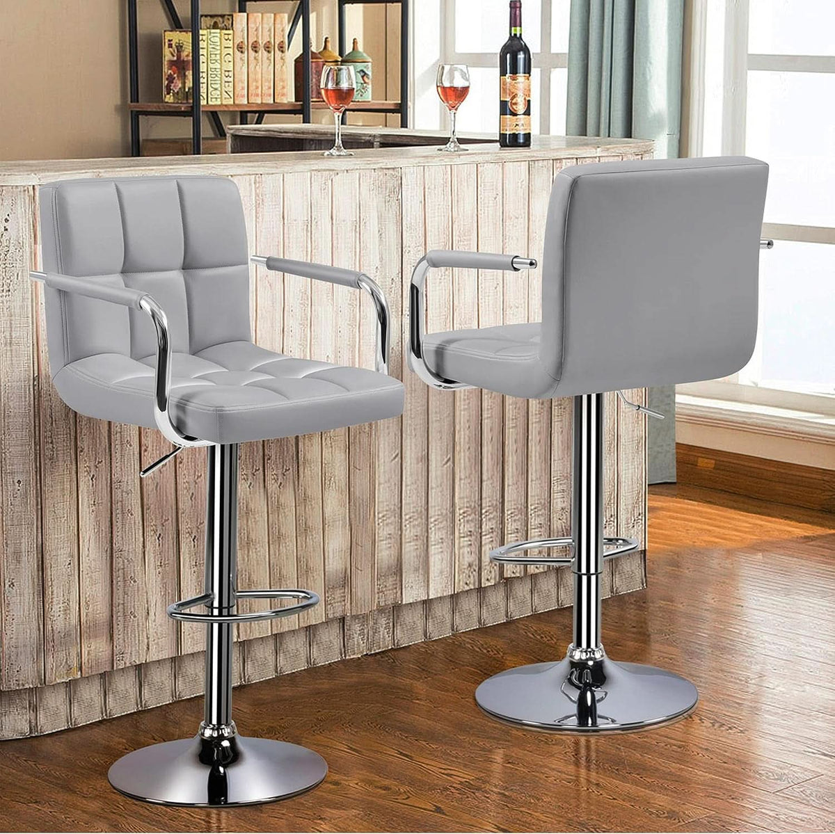 Light Grey Adjustable Swivel Bar Stools With Backrest, PU Leather, Set Of 2
