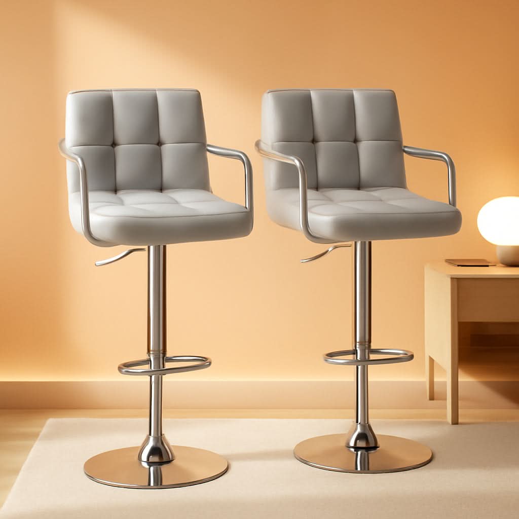 Light Grey Adjustable Swivel Bar Stools With Backrest, PU Leather, Set Of 2