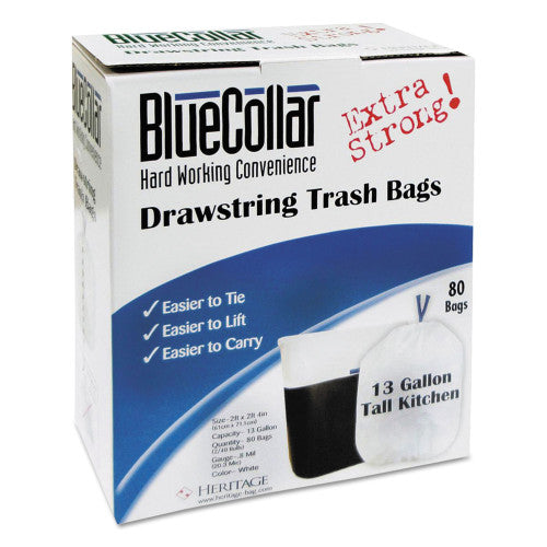 BlueCollar Drawstring Trash Bags, Drawstring, 13 gal, 24" x 28", White, 80 Bags/Box, 6 Boxes/Carton (N4828EWRC1CT)