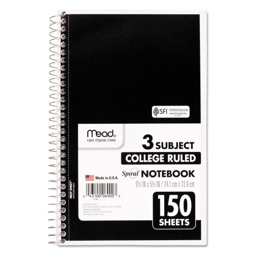 Mead Spiral Notebook, 3-Subject, Medium/College Rule, Randomly Assorted Cover Color, (150) 9.5 x 5.5 Sheets (06900)