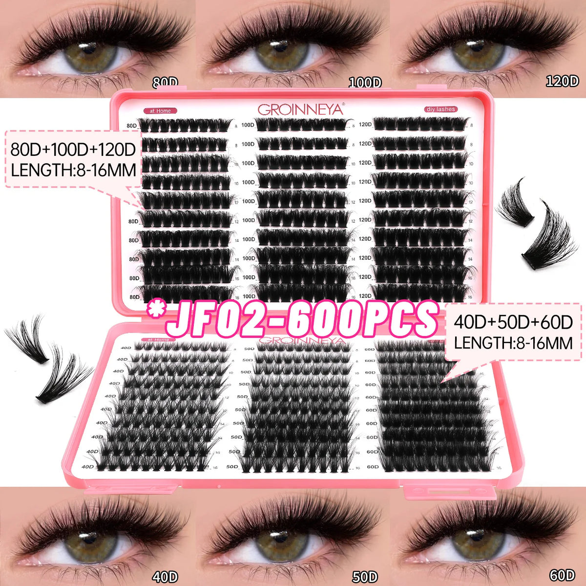 Pestañas individuales con efecto de pinchos, pestañas postizas en racimo, kit de racimos de pestañas curvatura D 10-20MM para extensiones de pestañas caseras, 6 estilos de racimos de pestañas