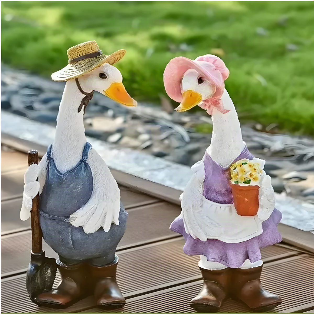 Figuras de pato jardinero de resina