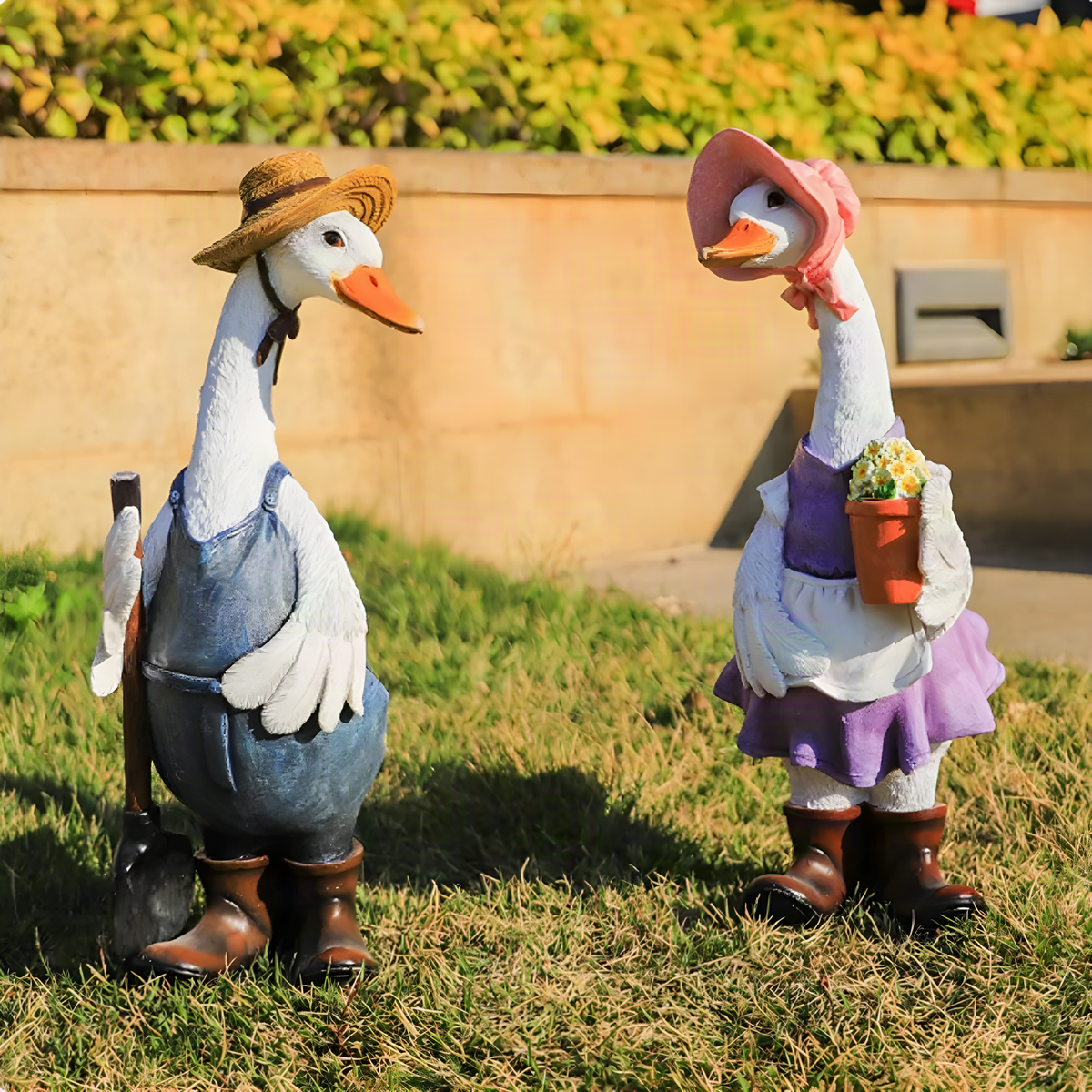 Figuras de pato jardinero de resina
