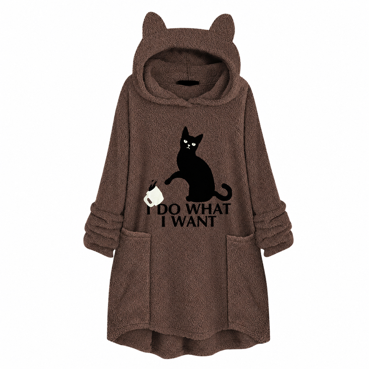 Cat Print Longline Fleece Hoodie