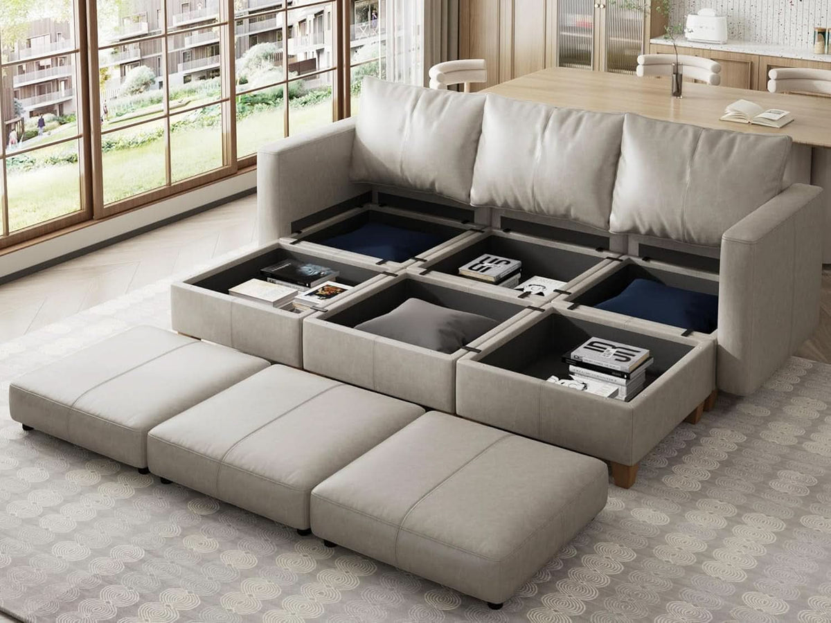 Sofá cama seccional modular de piel sintética con almacenamiento