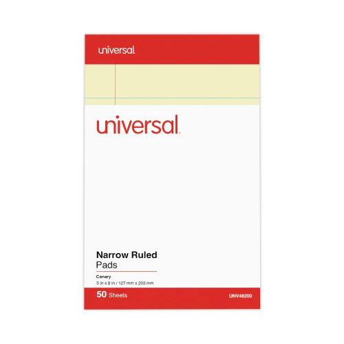 Universal Perforated Ruled Writing Pads, Narrow Rule, Red Headband, 50 Canary-Yellow 5 x 8 Sheets, Dozen (UNV46200)