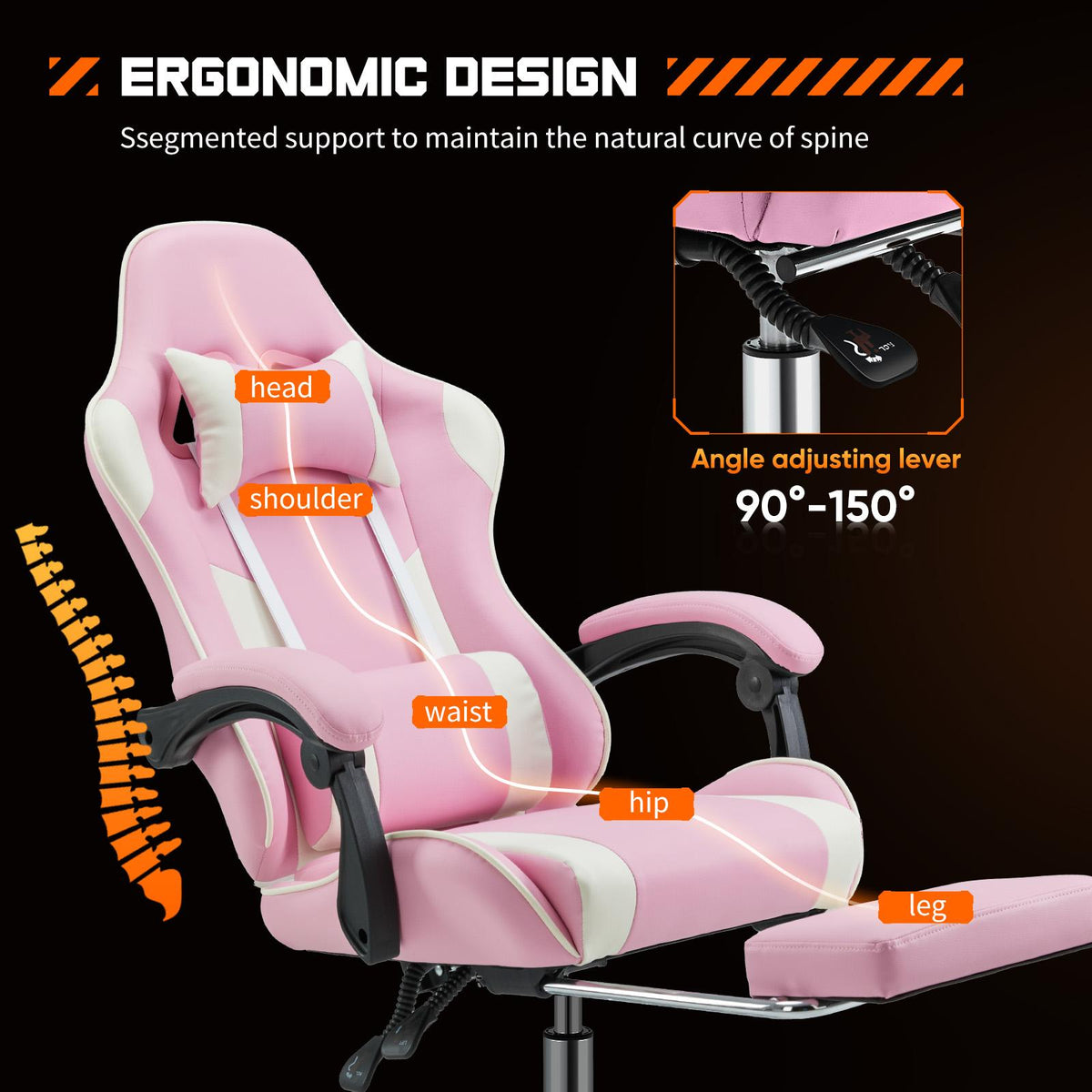 Silla gamer para escritorio: ergonómica para computadora con reposapiés y cómodo soporte lumbar, reclinable de piel sintética con reposacabezas, reposabrazos fijos.