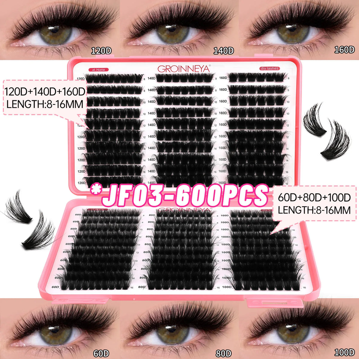 Pestañas individuales con efecto de pinchos, pestañas postizas en racimo, kit de racimos de pestañas curvatura D 10-20MM para extensiones de pestañas caseras, 6 estilos de racimos de pestañas