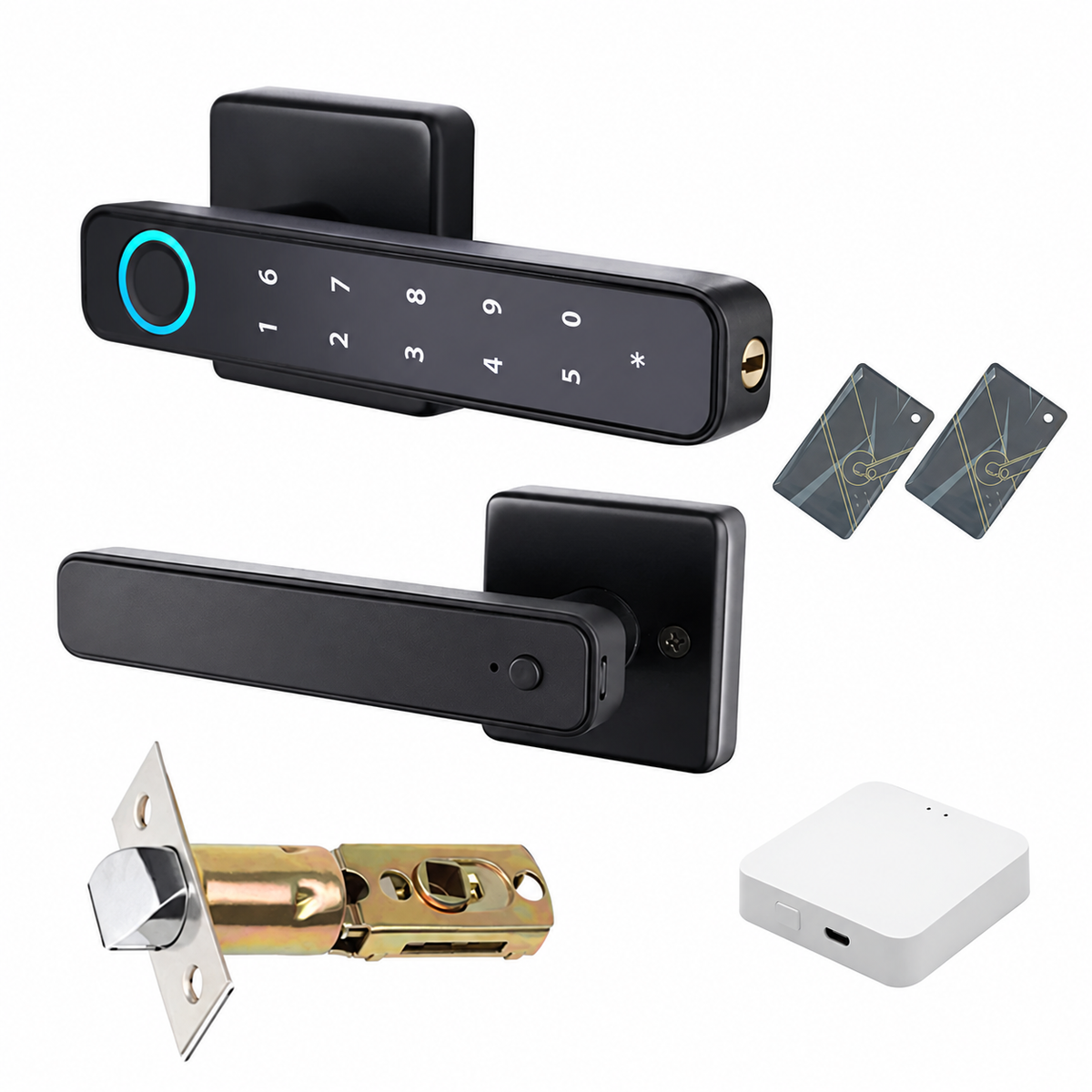 Manija de puerta con lector de huella dactilar y llave de respaldo