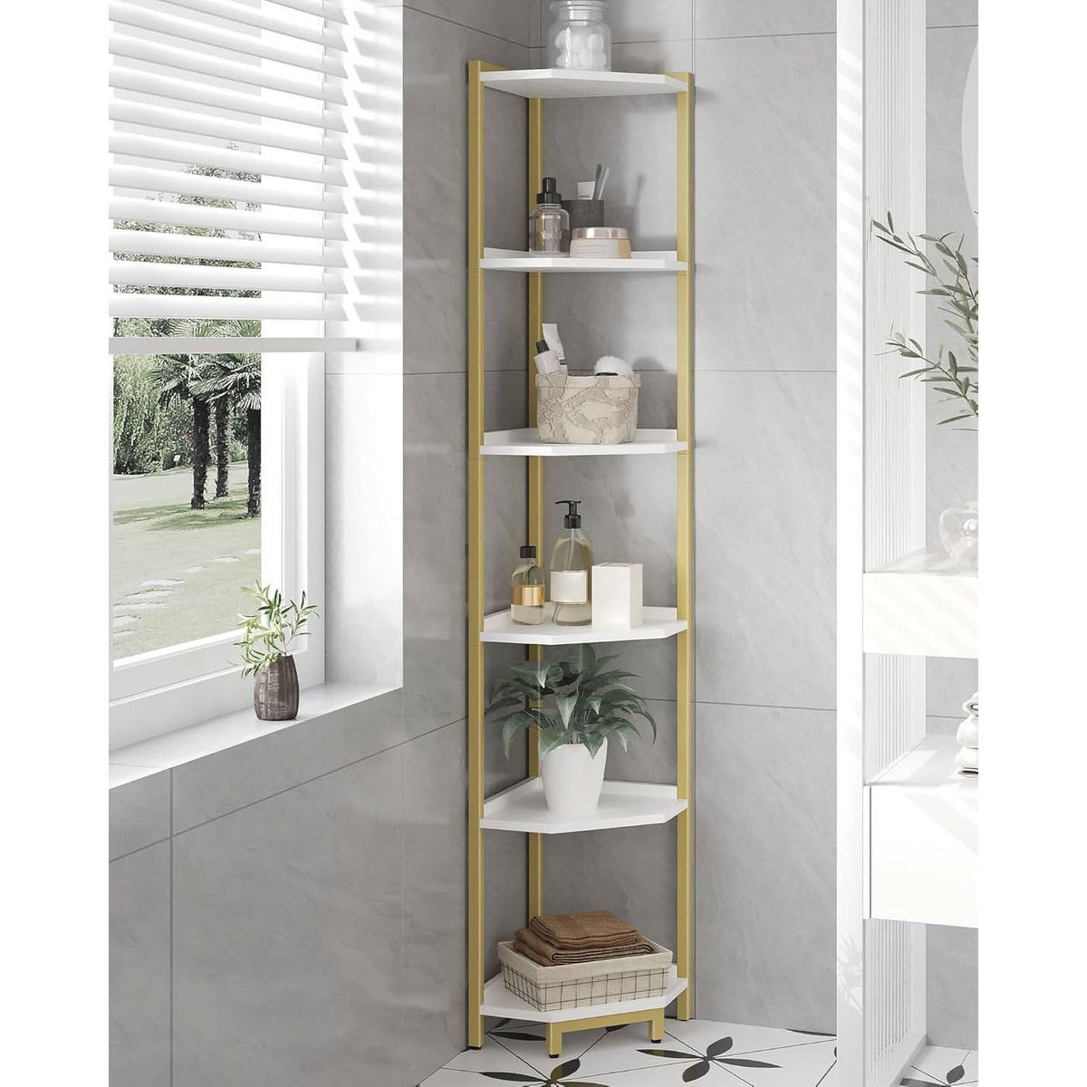Estante esquinero de 6 niveles con acabado en blanco y dorado para sala de estar