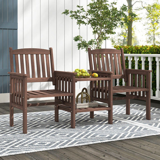 Namoradeira de Madeira de Abeto para Área Externa com Mesa Lateral de 2 Níveis e Orifício para Guarda-sol de 5 cm - Café