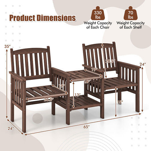 Namoradeira de Madeira de Abeto para Área Externa com Mesa Lateral de 2 Níveis e Orifício para Guarda-sol de 5 cm - Café