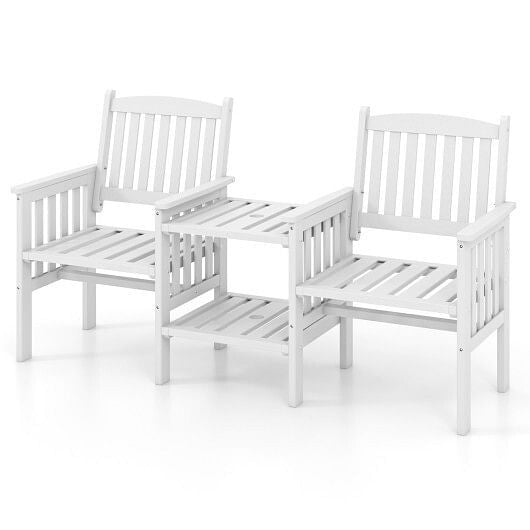 Namoradeira de Madeira de Abeto para Área Externa com Mesa Lateral de 2 Níveis e Orifício para Guarda-sol de 5 cm - Café