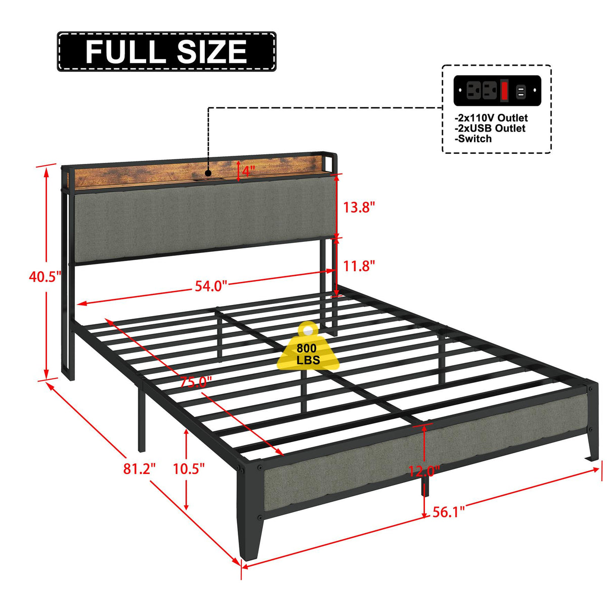 Estructura de cama matrimonial de metal con cabecera de carga.