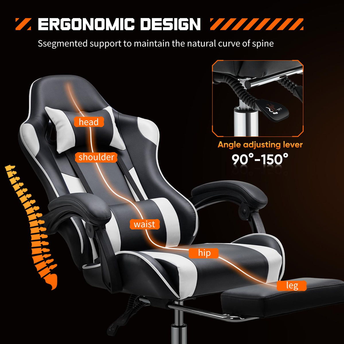 Cadeira Gamer para Computador - Ergonômica com Apoio para os Pés e Suporte Lombar Confortável, Reclinável em Couro PU com Encosto de Cabeça, Apoio de Braço Fixo