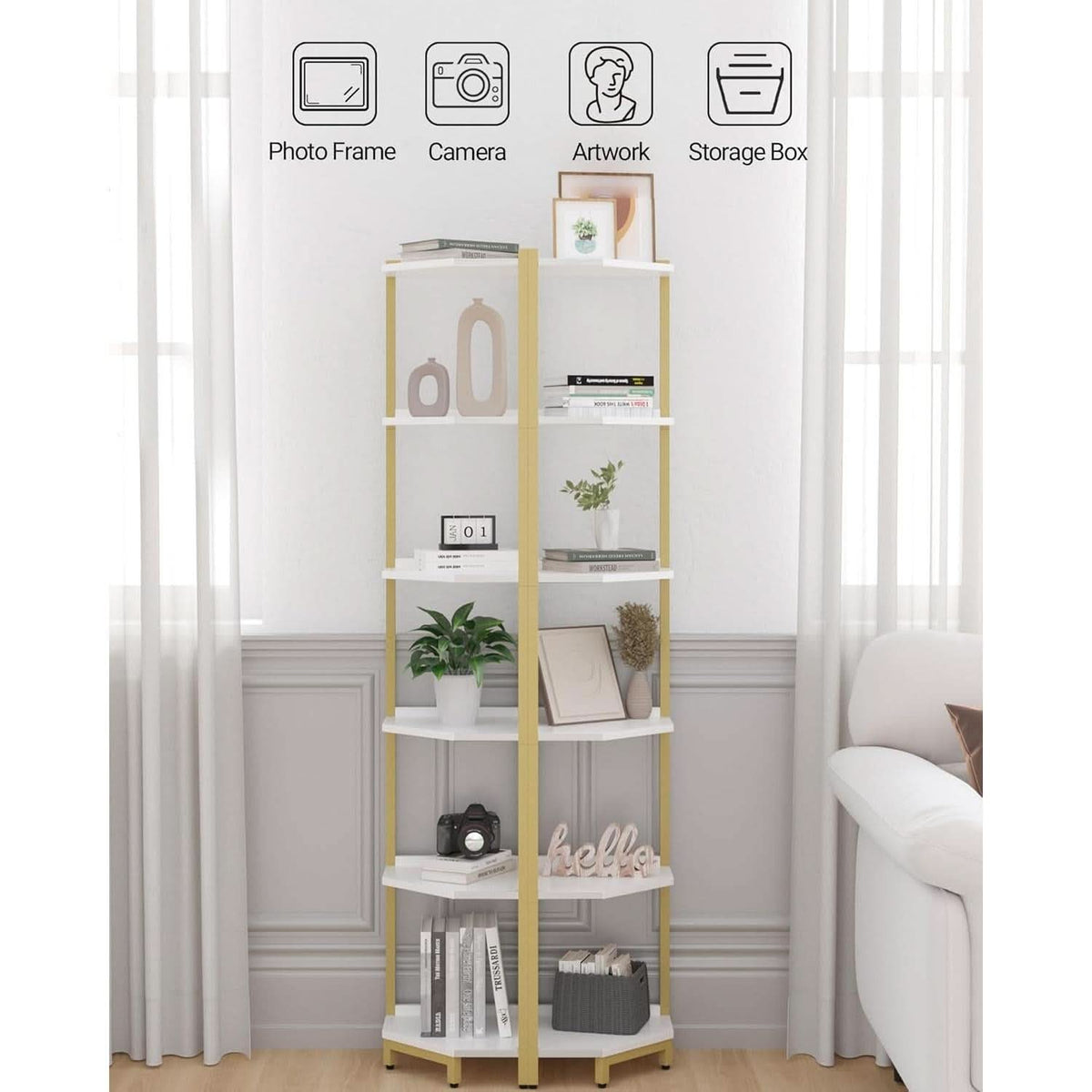 Estante esquinero de 6 niveles con acabado en blanco y dorado para sala de estar