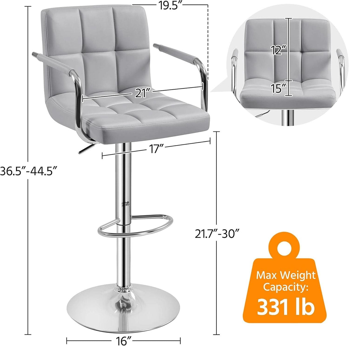 Light Grey Adjustable Swivel Bar Stools With Backrest, PU Leather, Set Of 2