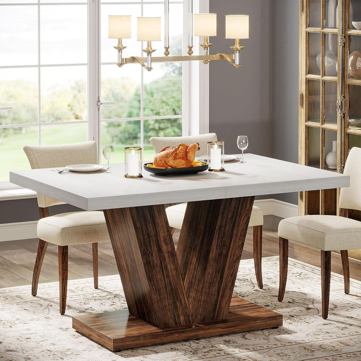 47 Inch White Oak Dining Table With Heavy Pedestal Base