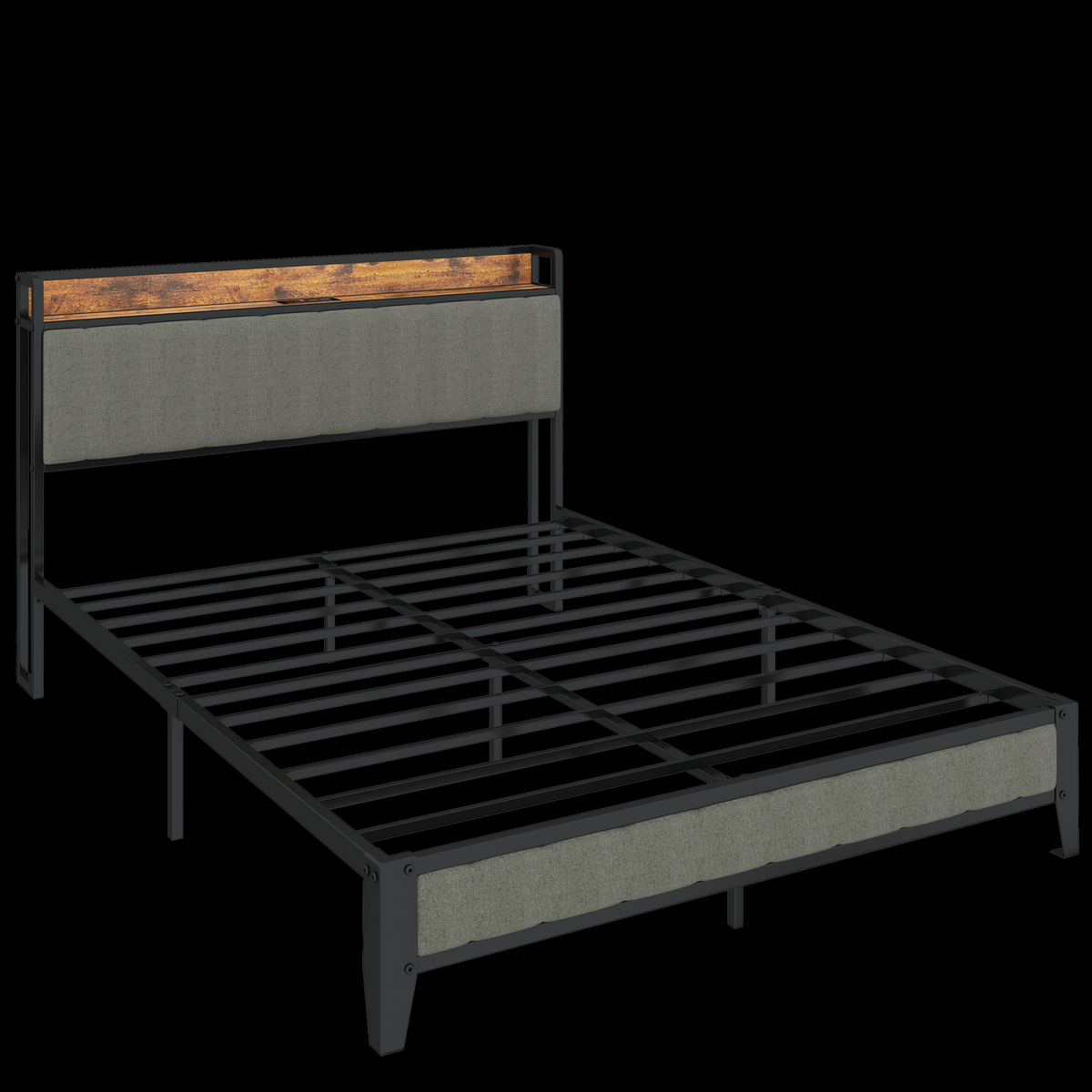 Estructura de cama matrimonial de metal con cabecera de carga.