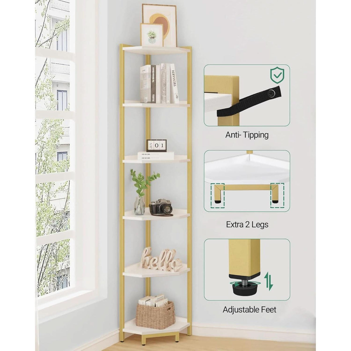 Estante esquinero de 6 niveles con acabado en blanco y dorado para sala de estar