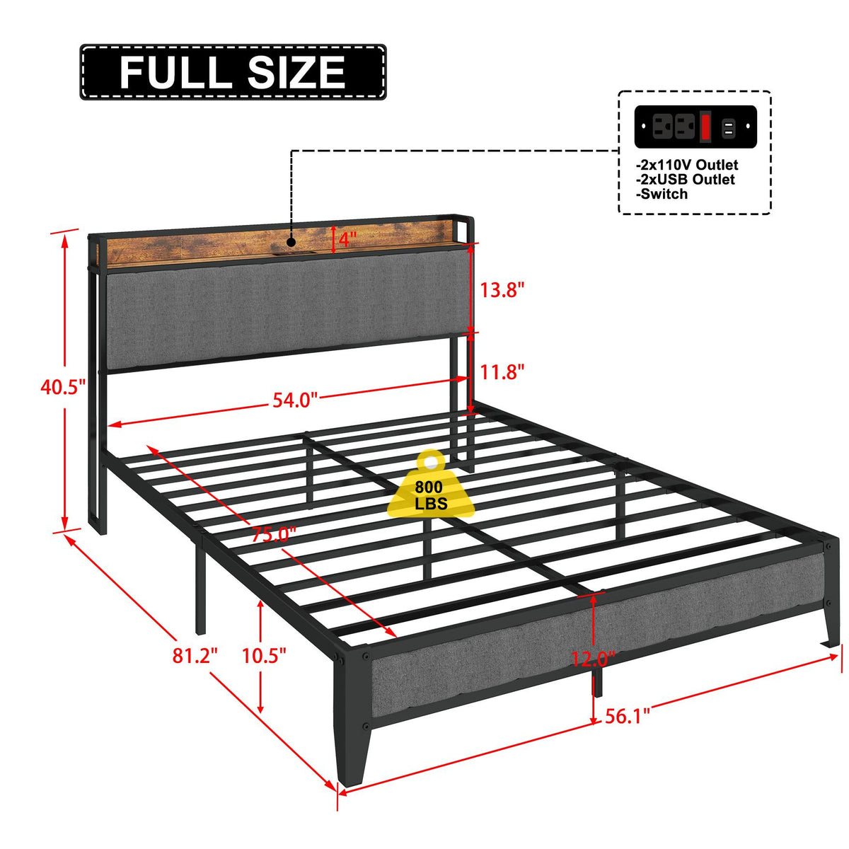 Estructura de cama matrimonial de metal con cabecera de carga.