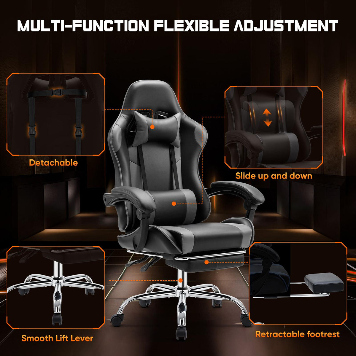 Silla Gamer para Escritorio - Ergonómica para Computadora con Reposapiés y Cómodo Soporte Lumbar, Reclinable de Piel Sintética con Reposacabezas y Reposabrazos Fijos