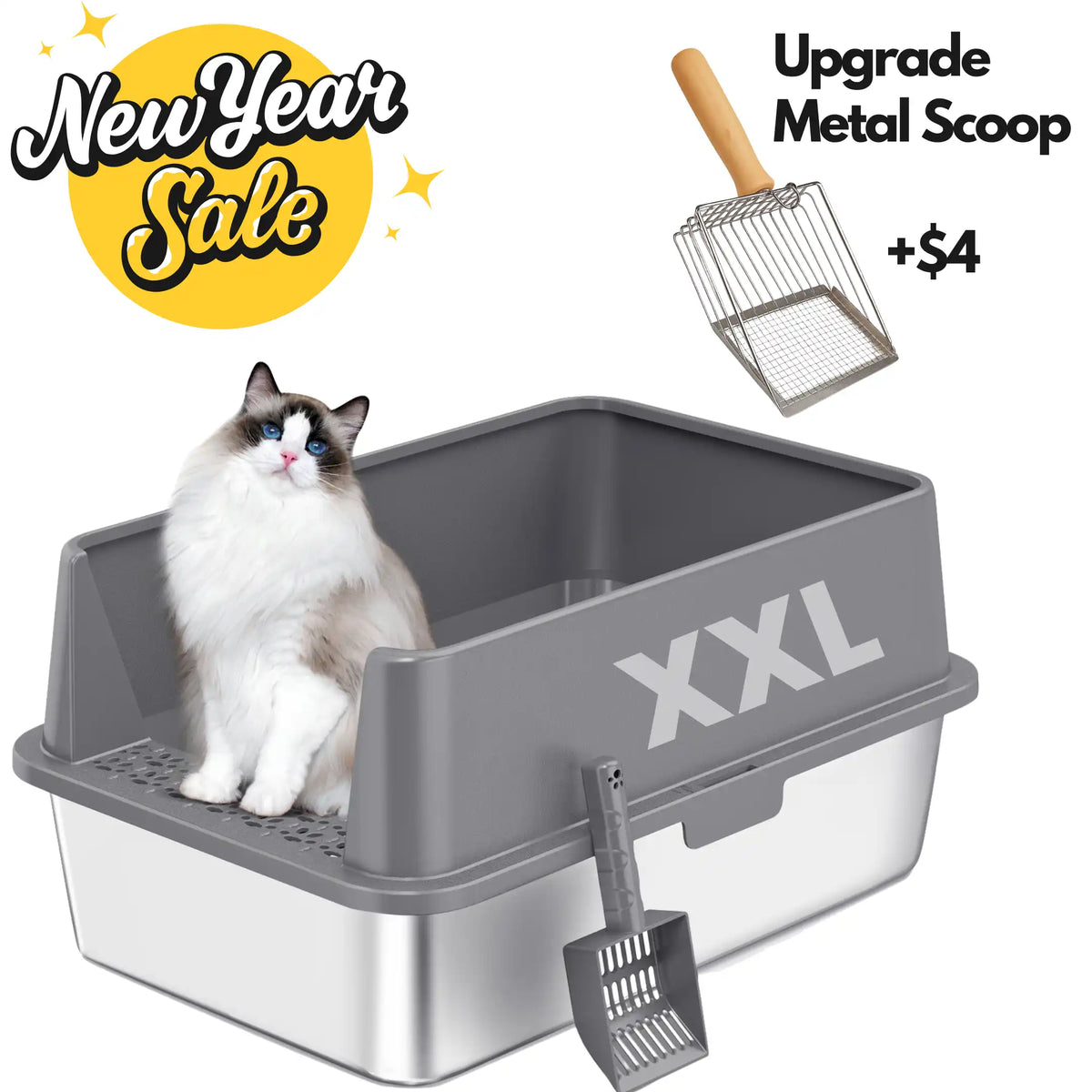 XXL Stainless Steel Cat Litter Box with Lid – High Sides, Low Entry, Easy to Clean, Odor-Free, Anti-Leak | Buy 2 & Save $10