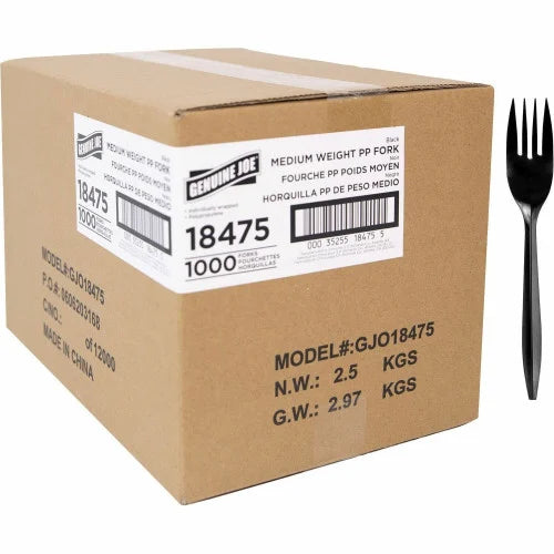 Genuine Joe Medium-weight Individually Wrapped Forks Fork - Breakroom - Disposable - Black - 1000 / Carton (GJO18475)