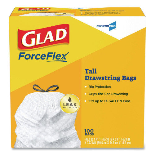 Glad Tall Kitchen Drawstring Trash Bags, 13 gal, 24" x 27.38", Gray, 100/Box (78526)