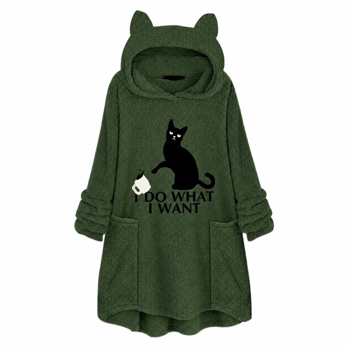 Sudadera larga de forro polar con estampado de gato