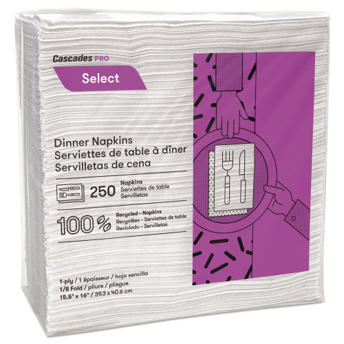 Cascades Select Dinner Napkins, 1-Ply, White, 15.5 x 16, 250/Pack, 12/Carton (N050)
