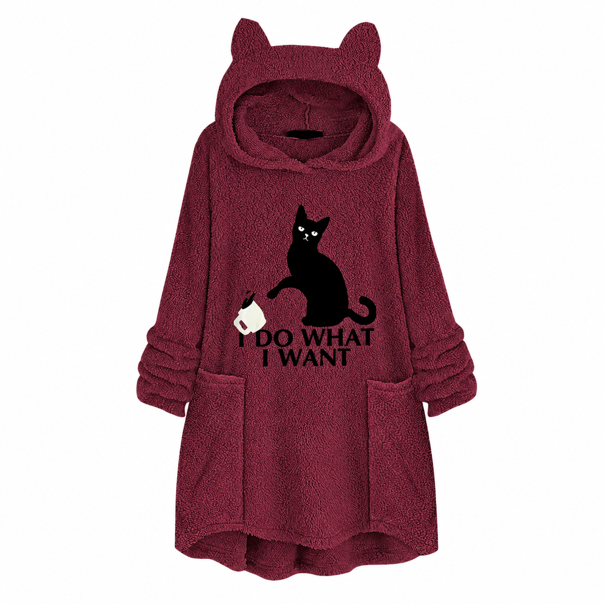 Sudadera larga de forro polar con estampado de gato