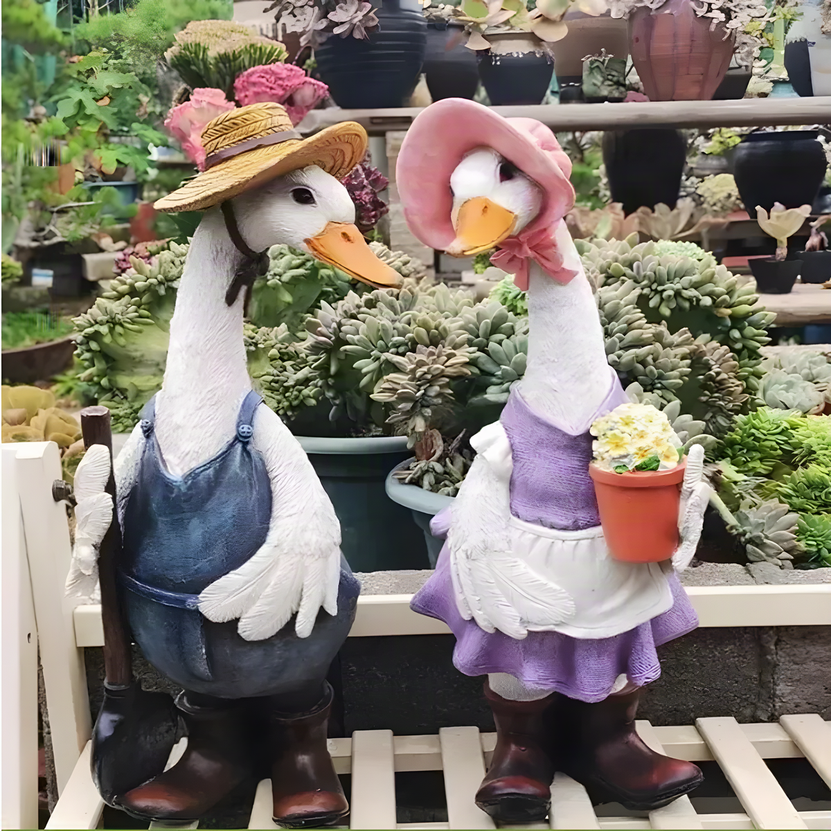 Figuras de pato jardinero de resina