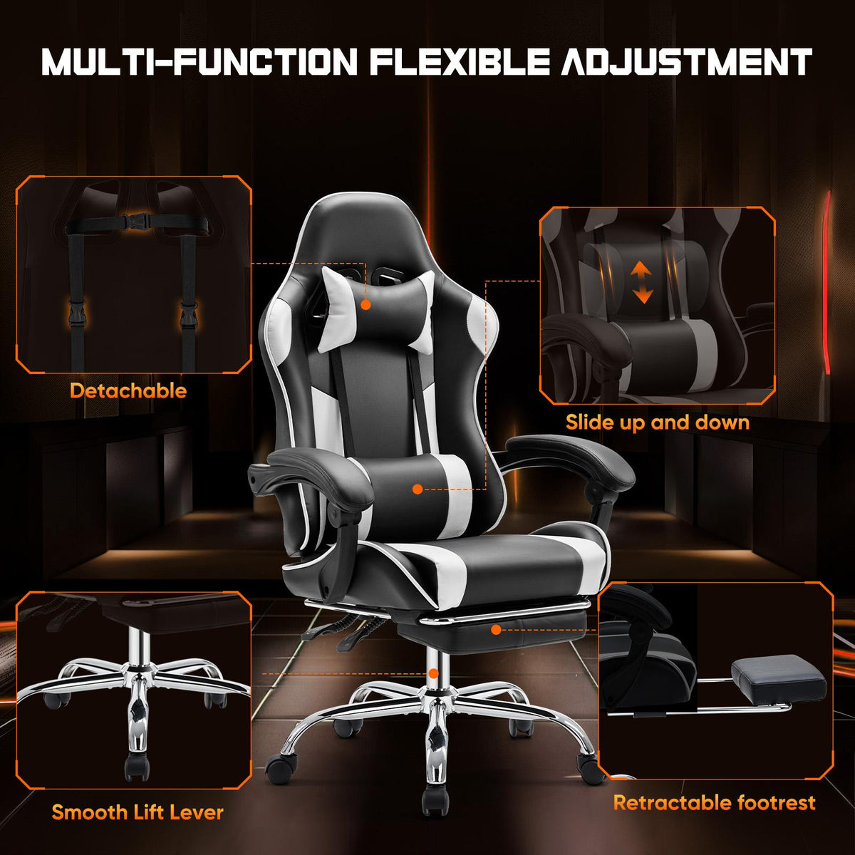 Cadeira Gamer para Computador - Ergonômica com Apoio para os Pés e Suporte Lombar Confortável, Reclinável em Couro PU com Encosto de Cabeça, Apoio de Braço Fixo