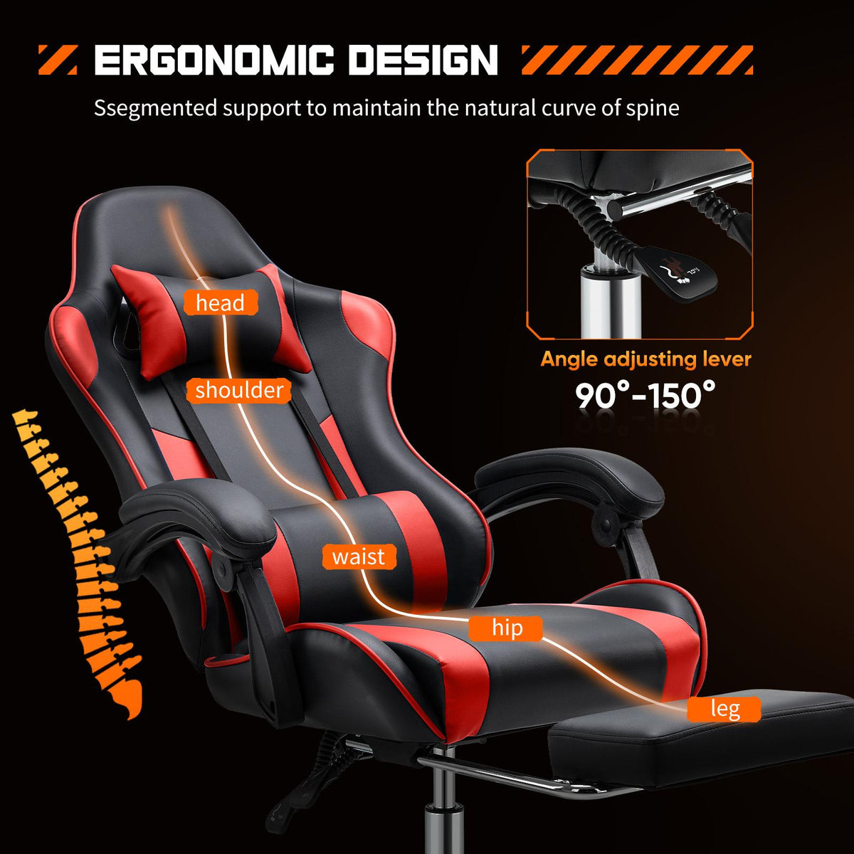 Cadeira Gamer para Computador - Ergonômica com Apoio para os Pés e Suporte Lombar Confortável, Reclinável em Couro PU com Encosto de Cabeça, Apoio de Braço Fixo