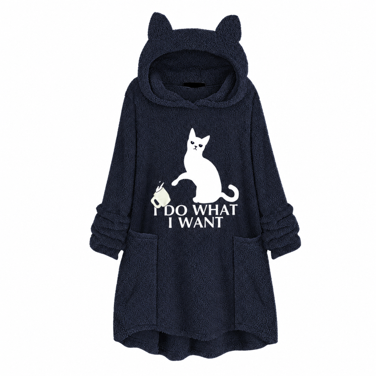 Cat Print Longline Fleece Hoodie