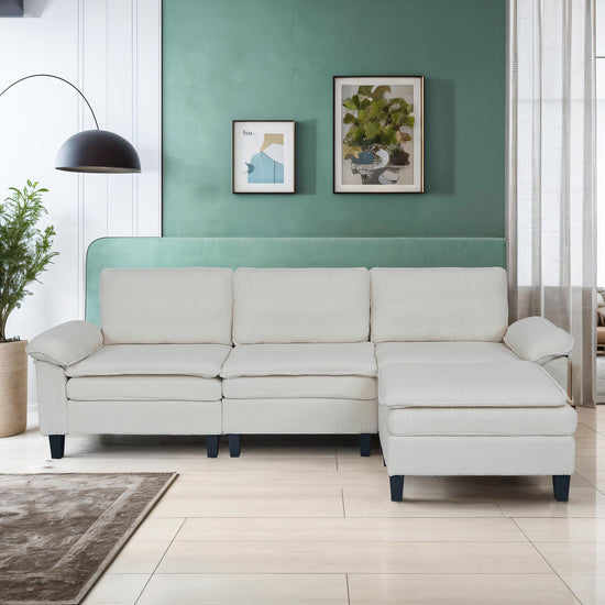 3-Seater Modular Sofa with Ottoman - Teddy Velvet, Solid Wood & Spring Cushion, Double-Layered Seat for Living Room