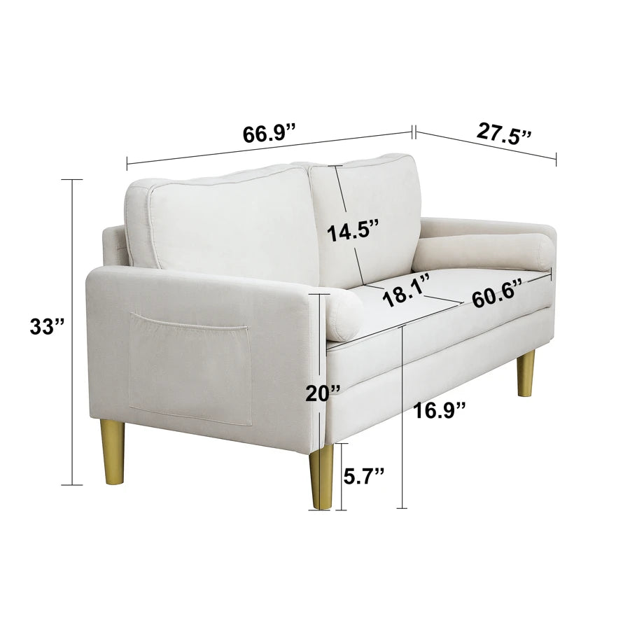 Sofá de Linho com 2 Almofadas, Sofá Moderno de Meados do Século, Sofá de 3 Lugares para Mobiliário de Quarto, Home Office