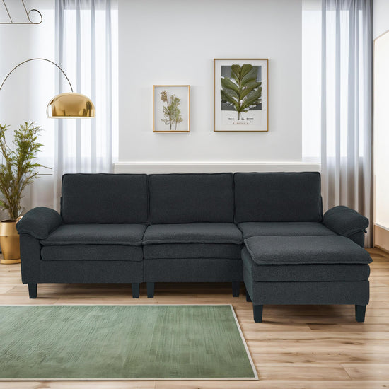 3-Seater Modular Sofa with Ottoman - Teddy Velvet, Solid Wood & Spring Cushion, Double-Layered Seat for Living Room