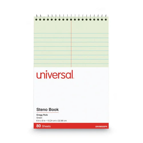Universal Steno Pads, Gregg Rule, Red Cover, 80 Green-Tint 6 x 9 Sheets, 6/Pack (UNV86920PK)