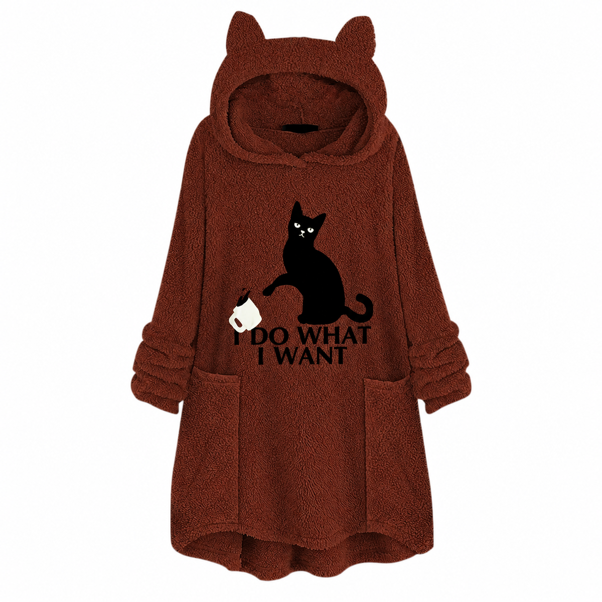 Cat Print Longline Fleece Hoodie