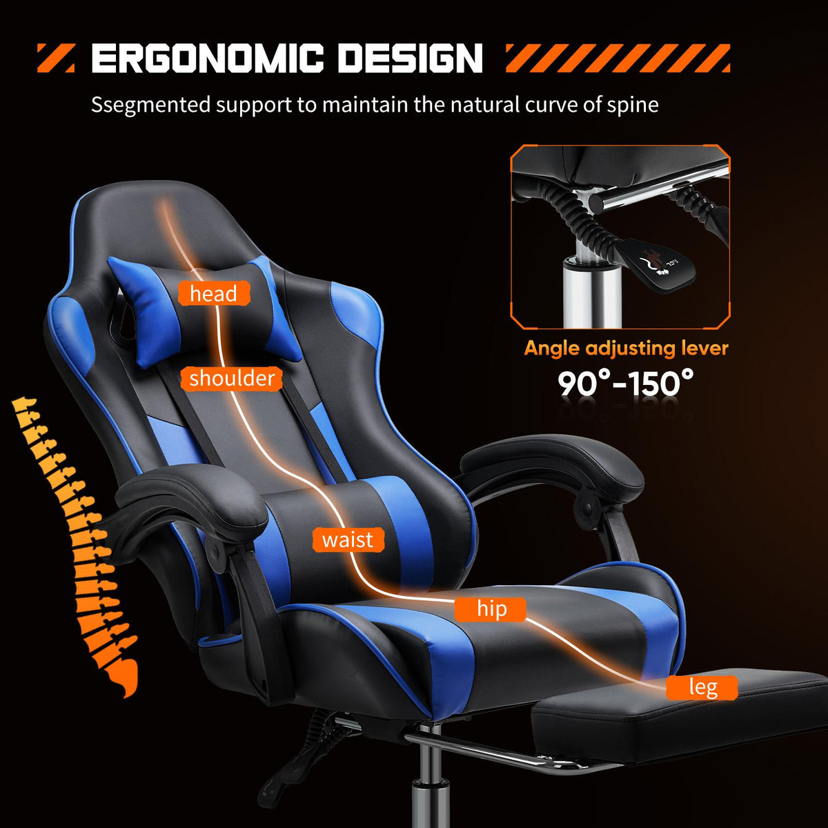 Silla de escritorio para videojuegos: computadora ergonómica con reposapiés y cómodo soporte lumbar, reclinable de piel sintética con reposacabezas, apoyabrazos fijos