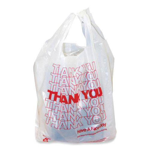 AmerCareRoyal Thank You Bags, Thank You - Have a Nice Day Labeling, Cut-Out Handles, 11.5" x 6.5" x 21", White/Red, 1,000/Carton (RPTYB6)