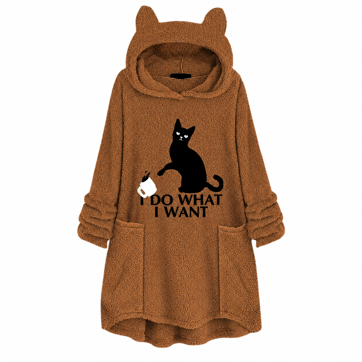 Cat Print Longline Fleece Hoodie
