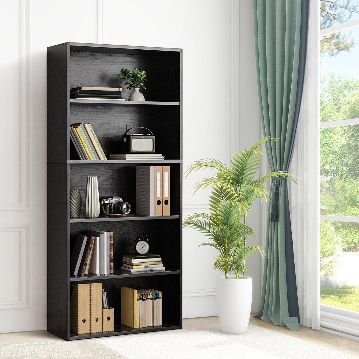 Industrial 5 Shelf Bookcase - Large 53 Inch Tall Floor Standing Open Bookshelf for Home Office, Living Room, and Bedroom Storage