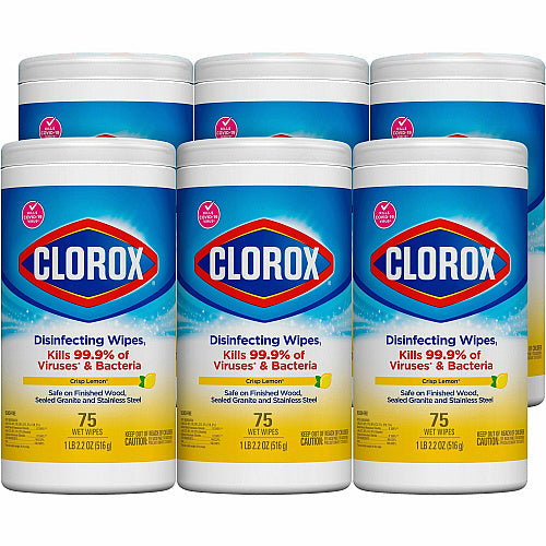 Clorox Disinfecting Wipes, 1-Ply, 7 x 7.75, Crisp Lemon, White, 75/Canister, 6 Canisters/Carton (01628)