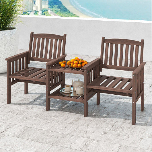 Namoradeira de Madeira de Abeto para Área Externa com Mesa Lateral de 2 Níveis e Orifício para Guarda-sol de 5 cm - Café
