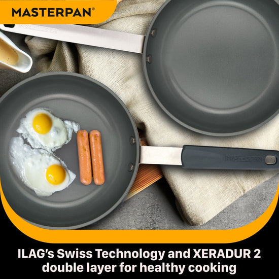 MASTERPAN Ceramic Nonstick Stovetop Oven Frypan & Skillet with Stainless Steel Lid & Utensils, Grey 9.5" (24cm)