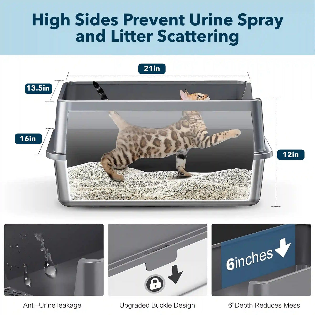 XXL Stainless Steel Cat Litter Box with Lid – High Sides, Low Entry, Easy to Clean, Odor-Free, Anti-Leak | Buy 2 & Save $10